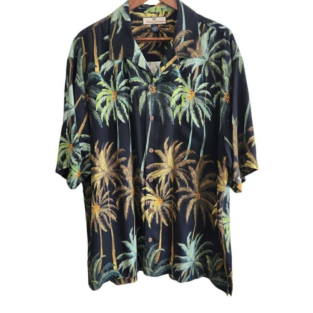 Tommy Bahama Shirt Mens XL Palm Tree  Silk Camp Button Front  Black Green